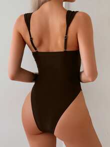 Swim Chiccia Women's Sexy Hollow-Out Solid Color One-Piece Swimsuit, Summer - Coffee Brown - View 2