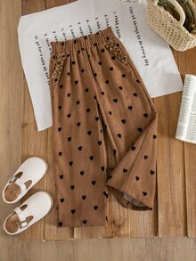 SHEIN Young Girl Woven Ruffle Hem Heart Pattern Printed Corduroy Casual Straight Leg Pants - Multicolor - View 4