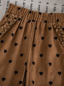 SHEIN Young Girl Woven Ruffle Hem Heart Pattern Printed Corduroy Casual Straight Leg Pants - Multicolor - View 5