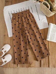 SHEIN Young Girl Woven Ruffle Hem Heart Pattern Printed Corduroy Casual Straight Leg Pants - Multicolor - View 3