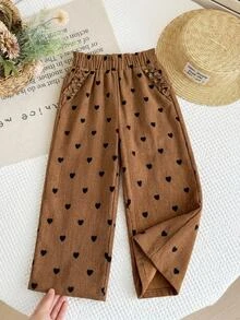 SHEIN Young Girl Woven Ruffle Hem Heart Pattern Printed Corduroy Casual Straight Leg Pants - Multicolor - View 1