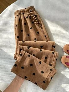 SHEIN Young Girl Woven Ruffle Hem Heart Pattern Printed Corduroy Casual Straight Leg Pants - Multicolor - View 2