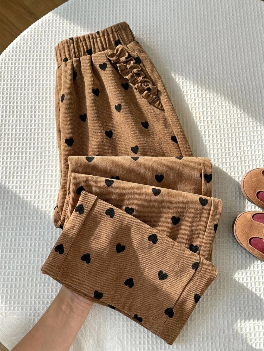 SHEIN Young Girl Woven Ruffle Hem Heart Pattern Printed Corduroy Casual Straight Leg Pants - Multicolor - View 1
