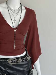 EgrlEra Kaos Wanita Polos Model Kerut dengan Kerah V Dalam, Seksi, Panjang Sedang, Pas Badan - Burgundy - View 6