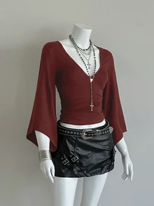 EgrlEra Kaos Wanita Polos Model Kerut dengan Kerah V Dalam, Seksi, Panjang Sedang, Pas Badan - Burgundy - View 5