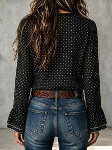 Glimmora Women's Spring/Autumn French Romantic Ruffle Deep V-Neck Vintage Polka Dot Commuter Flared Long Sleeve Chiffon Blouse Loose Top - Black - View 2