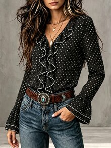 Glimmora Women's Spring/Autumn French Romantic Ruffle Deep V-Neck Vintage Polka Dot Commuter Flared Long Sleeve Chiffon Blouse Loose Top - Black - View 4