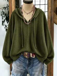 EMERY ROSE Plus Size Women's Casual Zip-Up Long Sleeve Hooded Knit Cardigan Winter - Dark Green - View 3