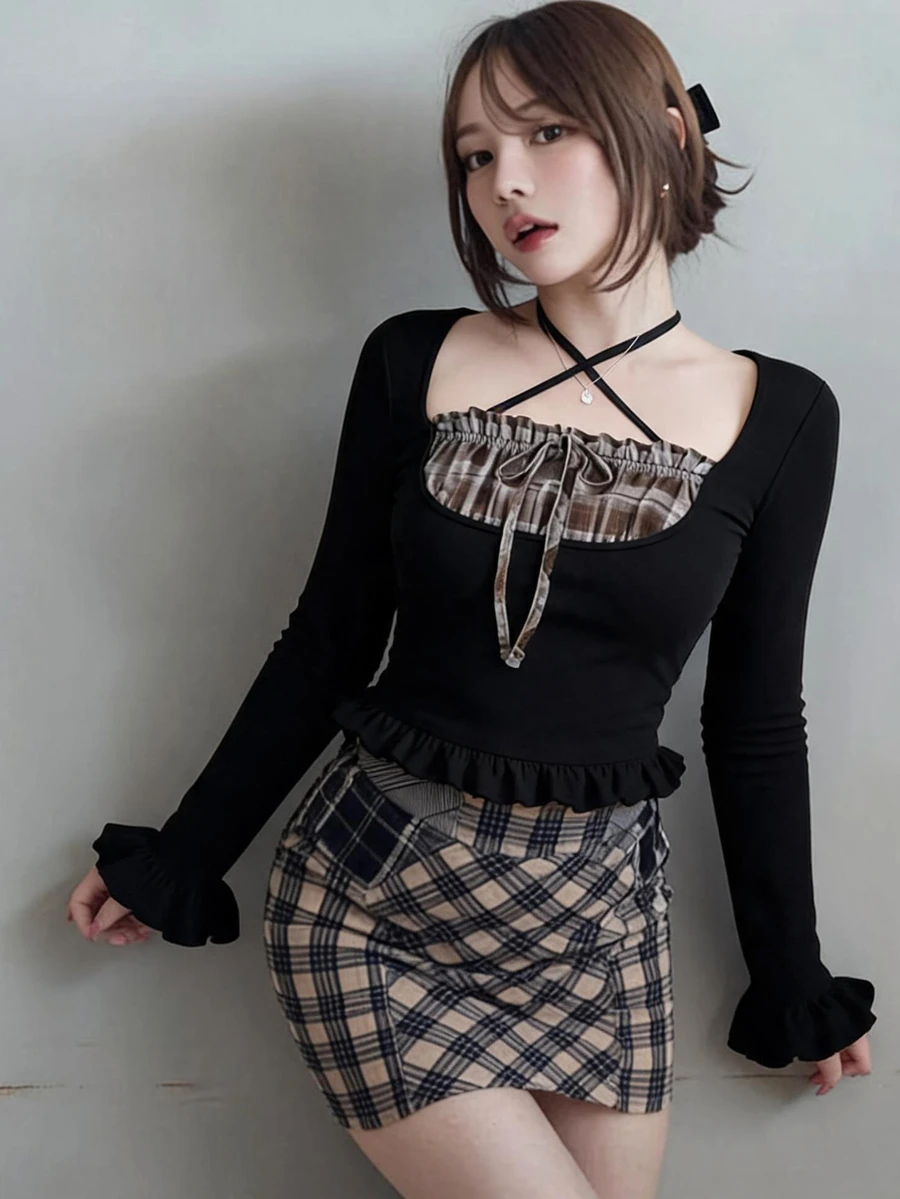 FRIFUL Women's Autumn Patchwork Plaid Frill Trim Slim Fit T-Shirt - Black - View 1
