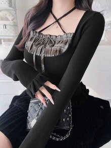 FRIFUL Women's Autumn Patchwork Plaid Frill Trim Slim Fit T-Shirt - Black - View 7