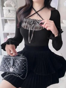 FRIFUL Women's Autumn Patchwork Plaid Frill Trim Slim Fit T-Shirt - Black - View 4