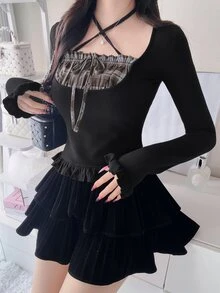 FRIFUL Women's Autumn Patchwork Plaid Frill Trim Slim Fit T-Shirt - Black - View 10