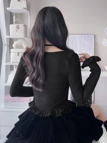FRIFUL Women's Autumn Patchwork Plaid Frill Trim Slim Fit T-Shirt - Black - View 2