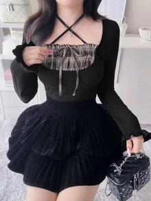 FRIFUL Women's Autumn Patchwork Plaid Frill Trim Slim Fit T-Shirt - Black - View 3