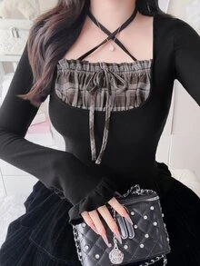 FRIFUL Women's Autumn Patchwork Plaid Frill Trim Slim Fit T-Shirt - Black - View 5