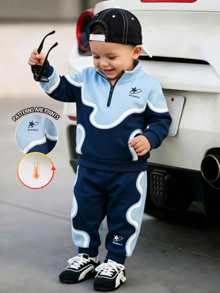 2pcs Baby Boys Sweatshirt Sets Casual Navy Asymmetric Patchwork Star Print Long Sleeve Mock Neck Zip Thermal Autumn Fall School - Multicolor - View 1