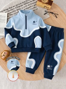 2pcs Baby Boys Sweatshirt Sets Casual Navy Asymmetric Patchwork Star Print Long Sleeve Mock Neck Zip Thermal Autumn Fall School - Multicolor - View 8