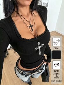 StreetHx Pakaian Streetwear Wanita Musim Gugur/Dingin, Leher Persegi, Trim Renda Kontras, Rajutan Bergaris, Lapisan Dasar, Lengan Panjang, Potongan Ramping - Hitam - View 5