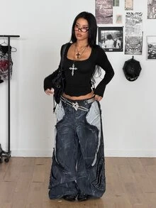 StreetHx Pakaian Streetwear Wanita Musim Gugur/Dingin, Leher Persegi, Trim Renda Kontras, Rajutan Bergaris, Lapisan Dasar, Lengan Panjang, Potongan Ramping - Hitam - View 8