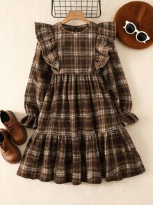 SHEIN Kids Teen Girl Plaid Print Ruffle Trim Flounce Sleeve Smock Dress - Coffee - View 2