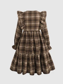 SHEIN Kids Teen Girl Plaid Print Ruffle Trim Flounce Sleeve Smock Dress - Coffee - View 4