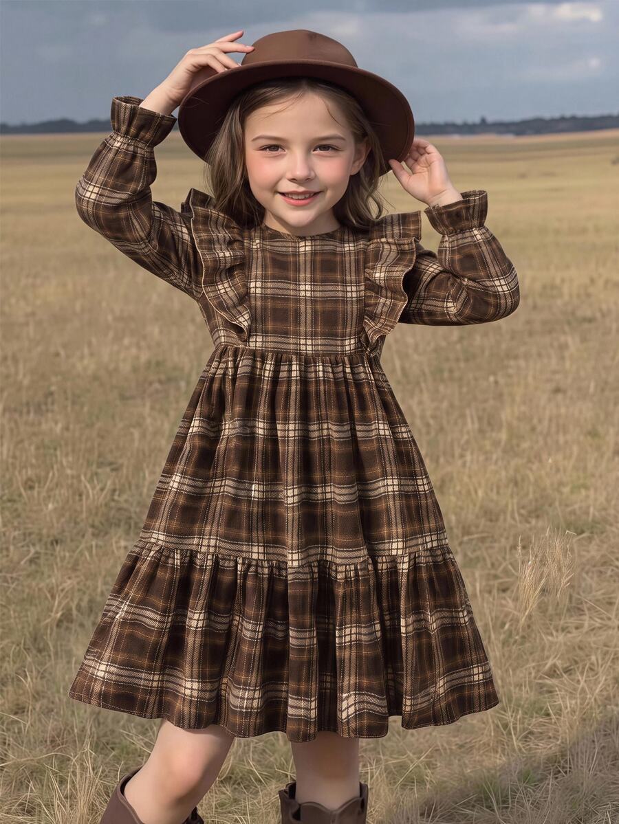 SHEIN Kids Teen Girl Plaid Print Ruffle Trim Flounce Sleeve Smock Dress - Coffee - View 1