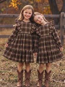 SHEIN Kids Teen Girl Plaid Print Ruffle Trim Flounce Sleeve Smock Dress - Coffee - View 6