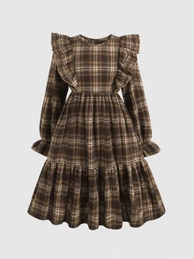 SHEIN Kids Teen Girl Plaid Print Ruffle Trim Flounce Sleeve Smock Dress - Coffee - View 3