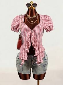 Zolique Tank Top Wanita Motif Kotak-kotak Putih dan Merah Muda dengan Tali Ruffle dan Tali Pengikat, Cocok untuk Liburan Musim Panas dan Penampilan Menarik - Merah - View 4