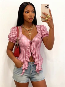Zolique Tank Top Wanita Motif Kotak-kotak Putih dan Merah Muda dengan Tali Ruffle dan Tali Pengikat, Cocok untuk Liburan Musim Panas dan Penampilan Menarik - Merah - View 9