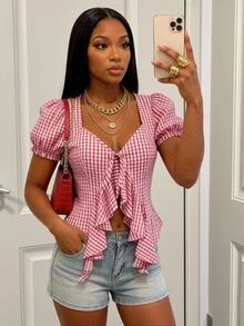 Zolique Tank Top Wanita Motif Kotak-kotak Putih dan Merah Muda dengan Tali Ruffle dan Tali Pengikat, Cocok untuk Liburan Musim Panas dan Penampilan Menarik - Merah - View 1