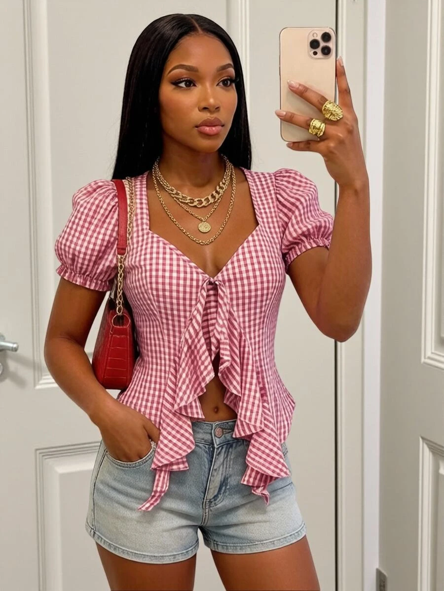 Zolique Tank Top Wanita Motif Kotak-kotak Putih dan Merah Muda dengan Tali Ruffle dan Tali Pengikat, Cocok untuk Liburan Musim Panas dan Penampilan Menarik - Merah - View 1
