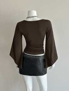 EgrlEra Women's Solid Color Ruched Deep V-Neck Sexy Flare Sleeve Bodycon T-Shirt - Coffee Brown - View 2