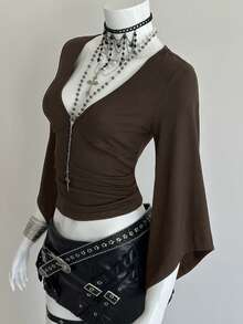 EgrlEra Women's Solid Color Ruched Deep V-Neck Sexy Flare Sleeve Bodycon T-Shirt - Coffee Brown - View 3