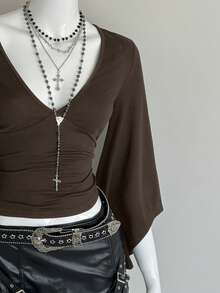 EgrlEra Women's Solid Color Ruched Deep V-Neck Sexy Flare Sleeve Bodycon T-Shirt - Coffee Brown - View 5