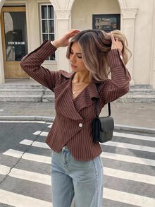 SHEIN Frenchy Women's Elegant Commuter Striped Ruffle Jacket - Brown - View 3