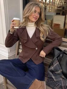 SHEIN Frenchy Women's Elegant Commuter Striped Ruffle Jacket - Brown - View 1