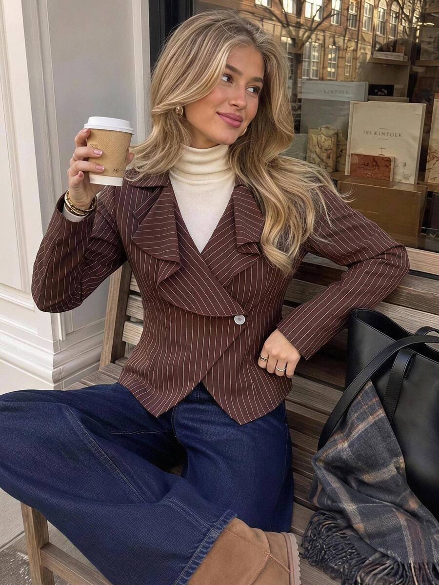 SHEIN Frenchy Women's Elegant Commuter Striped Ruffle Jacket - Brown - View 1