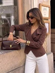 SHEIN Frenchy Women's Elegant Commuter Striped Ruffle Jacket - Brown - View 5