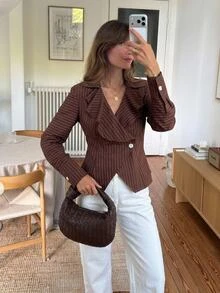 SHEIN Frenchy Women's Elegant Commuter Striped Ruffle Jacket - Brown - View 6