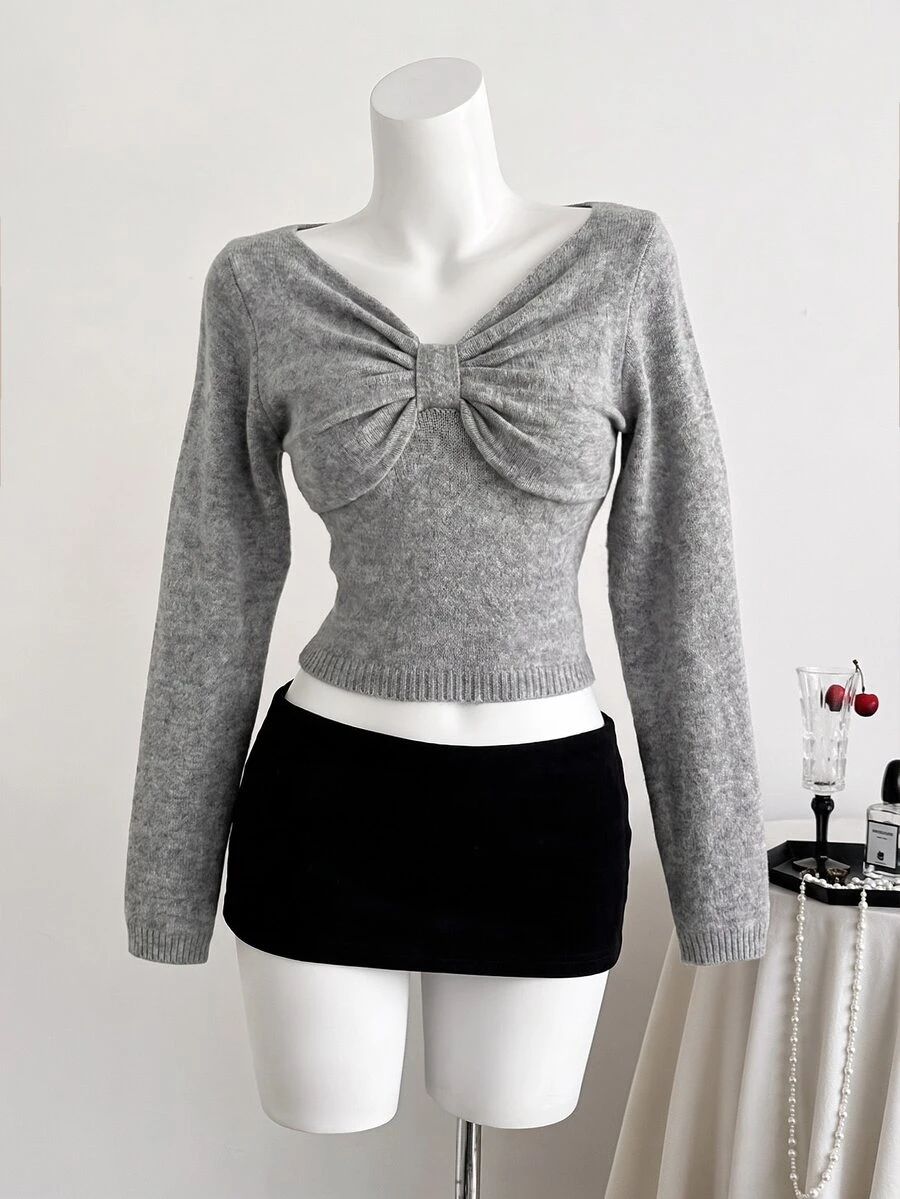 Elamini Women's Autumn/Winter Sexy Hot Girl Style Minimalist Fashion Design Lazy Date Photo-Ready Pullover Sweater - Grey - View 1