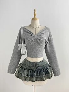 Elamini Women's Autumn/Winter Sexy Hot Girl Style Minimalist Fashion Design Lazy Date Photo-Ready Pullover Sweater - Grey - View 3