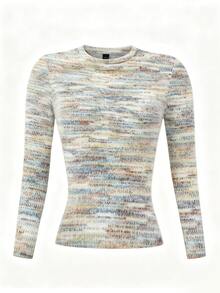 SHEIN Kaos Lengan Panjang Rajut Lembut Bergaris Gradien Warna-warni Ukuran Plus Wanita, Atasan Dalaman Leher Bulat Pas Badan, Pakaian Dalam Sehari-hari, Kain Fleece - MultiWarna - View 5