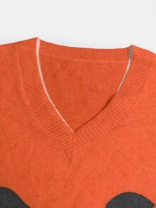 SHEIN ChicEase 女款針織上衣 V領燈籠袖萬聖節主題圖案 - 彩色 - 查看 8