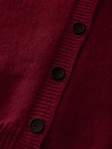 SHEIN كنزة كارديجان محبوكة بغطاء رأس قصيرة بلون سادة، كاجوال وعصرية، للخريف والشتاء، للبنات - عنابي اللون - مشاهدة 4
