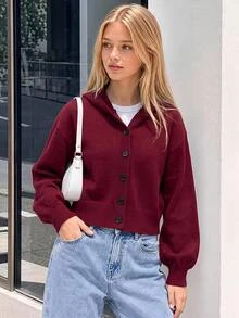 SHEIN كنزة كارديجان محبوكة بغطاء رأس قصيرة بلون سادة، كاجوال وعصرية، للخريف والشتاء، للبنات - عنابي اللون - مشاهدة 6