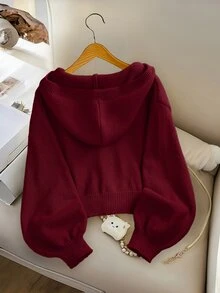 SHEIN كنزة كارديجان محبوكة بغطاء رأس قصيرة بلون سادة، كاجوال وعصرية، للخريف والشتاء، للبنات - عنابي اللون - مشاهدة 2