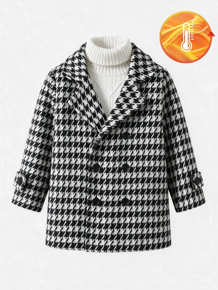 SHEIN Baby Boy Vintage Houndstooth Long Sleeve Double-Breasted Coat For 1st Birthday Party, Street Style Photography Autumn Winter - Black and White - View 1