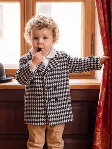 SHEIN Baby Boy Vintage Houndstooth Long Sleeve Double-Breasted Coat For 1st Birthday Party, Street Style Photography Autumn Winter - Black and White - View 4