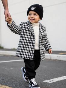 SHEIN Baby Boy Vintage Houndstooth Long Sleeve Double-Breasted Coat For 1st Birthday Party, Street Style Photography Autumn Winter - Black and White - View 3